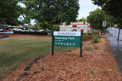 Sign for Greenway Park – symbols of amenities